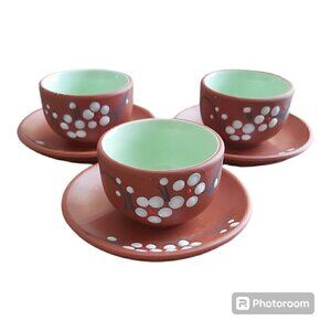 Hand Painted Ochoko Sake Tea Cups & Saucer Set, Plum Blossoms - Set Of 3